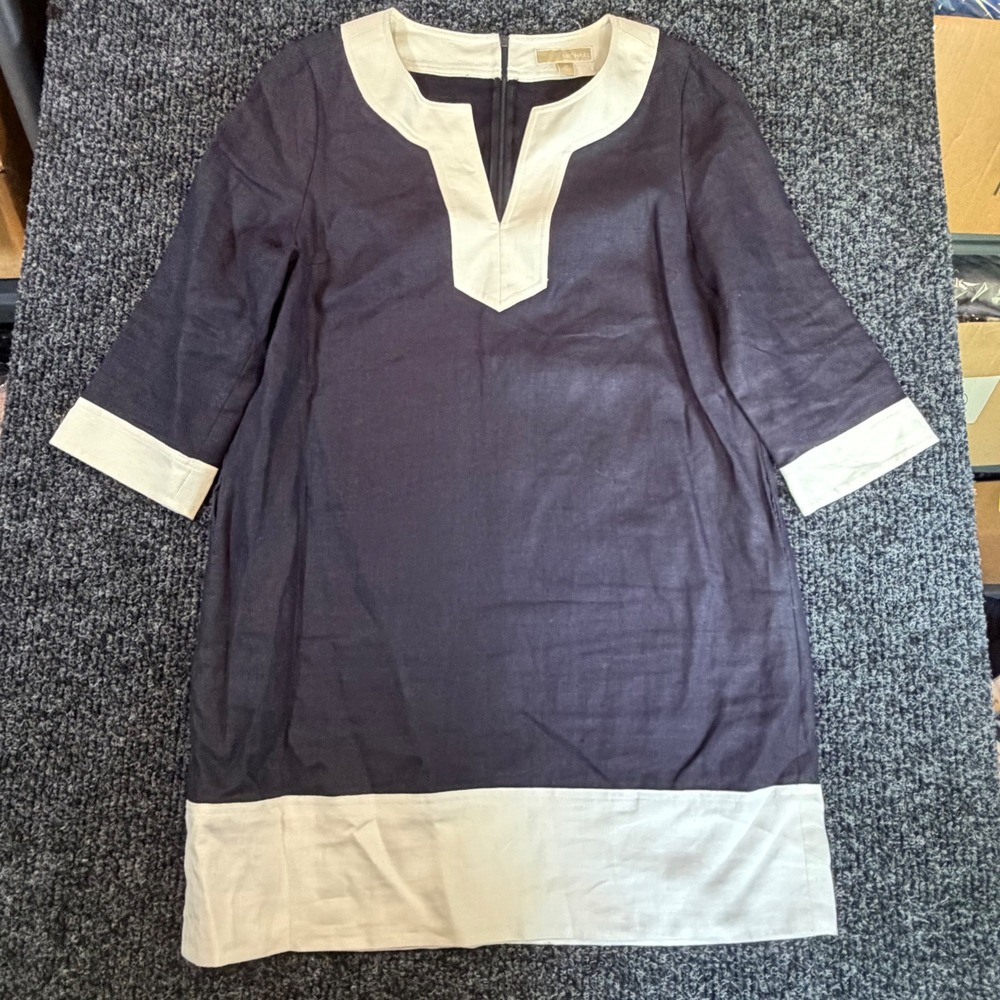 Michael Michael Kors Linen Shift Dress Navy Blue Cream Trim XL 100% Linen Lined - Picture 2 of 7